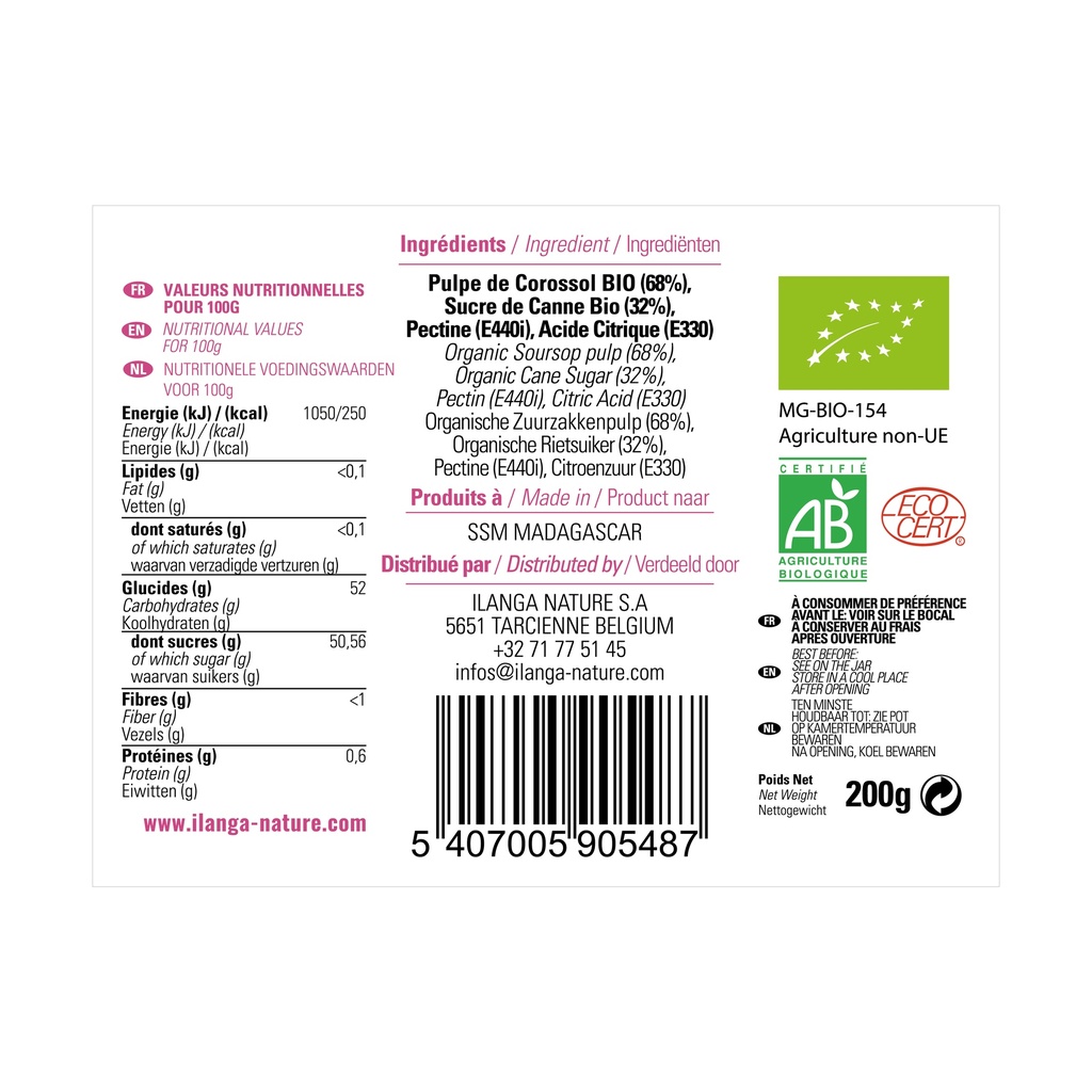 les informations sur la confiture de corossol au sucre de canne 220g BIO