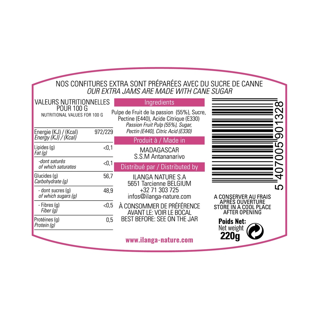 les informations sur la confiture de fruit de la passion 220g