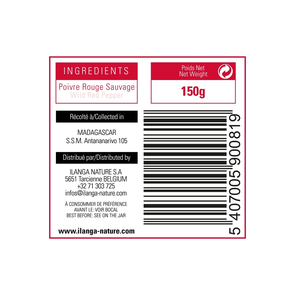 étiquette du poivre rouge sauvage de voatsiperifery 150g