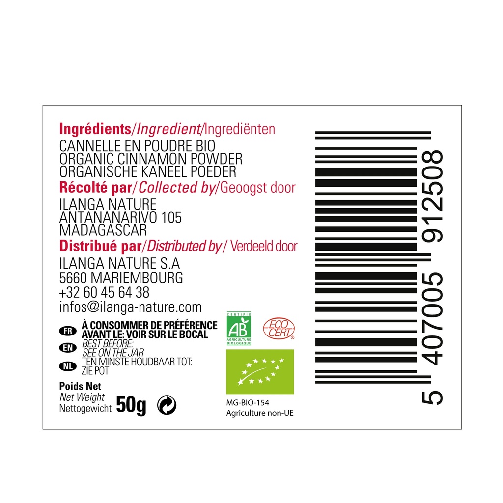 étiquette de la cannelle en poudre 50g BIO
