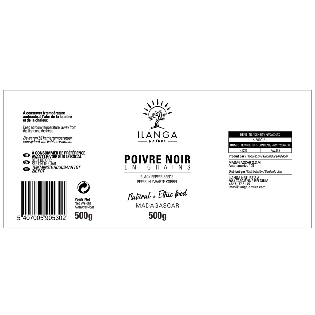 etiquette du poivre noir en grains 500g
