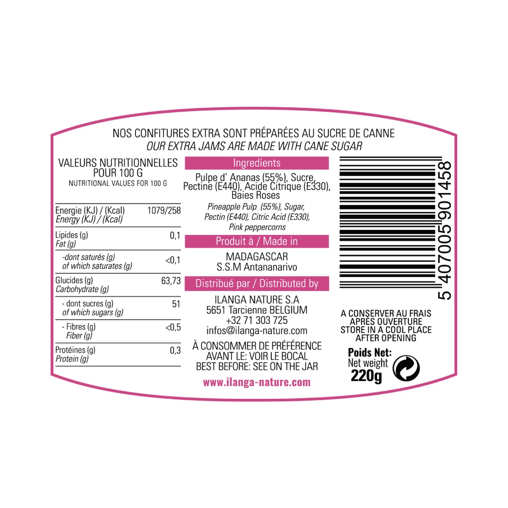 Confiture d'Ananas Baies Roses 220g