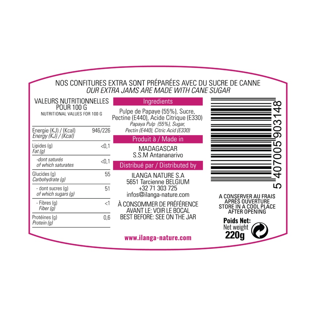 les informations sur la confiture de papaye 220g