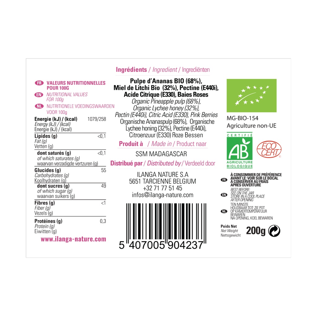 Confiture Ananas Baies Roses au Miel de Litchi 200g - BIO