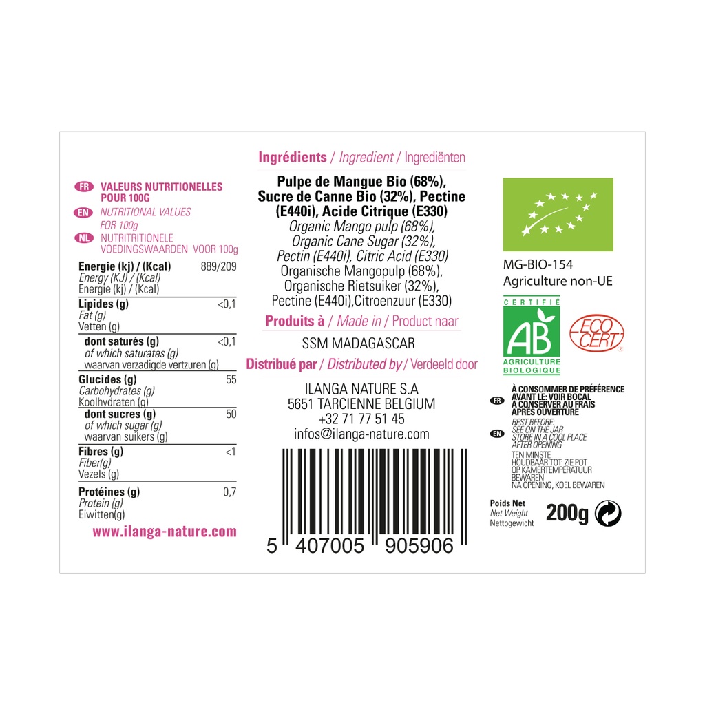 les informations sur la confiture mangue au sucre de canne 200g BIO