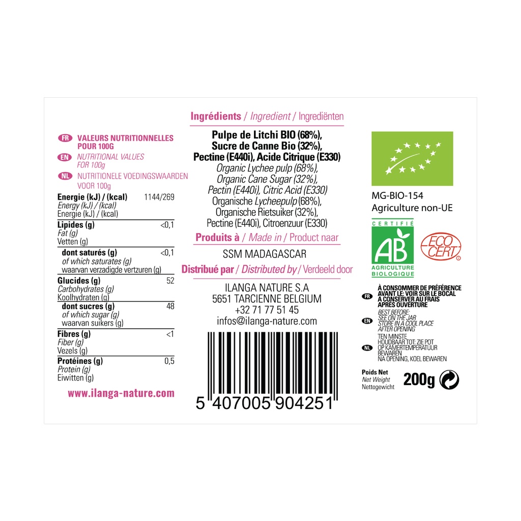 les informations sur la confiture litchi au sucre d scanne 220g BIO
