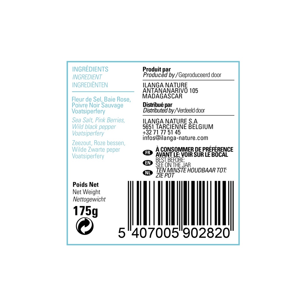 étiquette du fleur de sel à la baie rose et aux poivres sauvages 175g